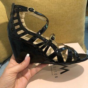 Madison "Nyla" Black Patent Leather Strappy Sandals, Size 8.5